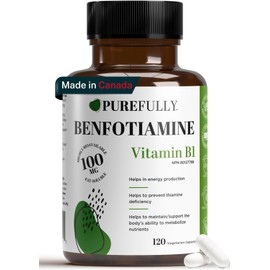PUREFULLY Benfotiamine Vitamin B1/Thiamine 100mg, 120 Capsules - High Absorption Energy Support - Gluten Free, Non-GMO, Made in Canada