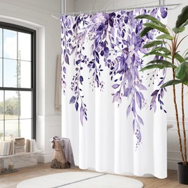 Gibelle Gibelle Purple Eucalyptus Shower Curtain, Watercolor Plant Leaves with Floral Bathroom Shower Curtain Set with Hooks, 72x72