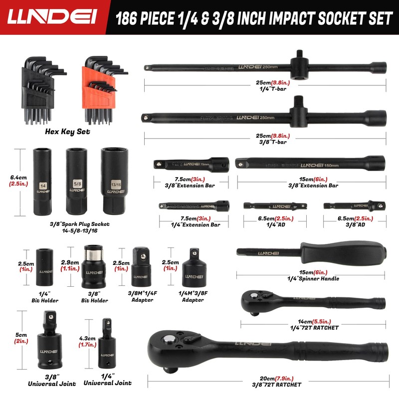 LLNDEI 1/4 & 3/8 Inch Drive Impact Socket Set, 186