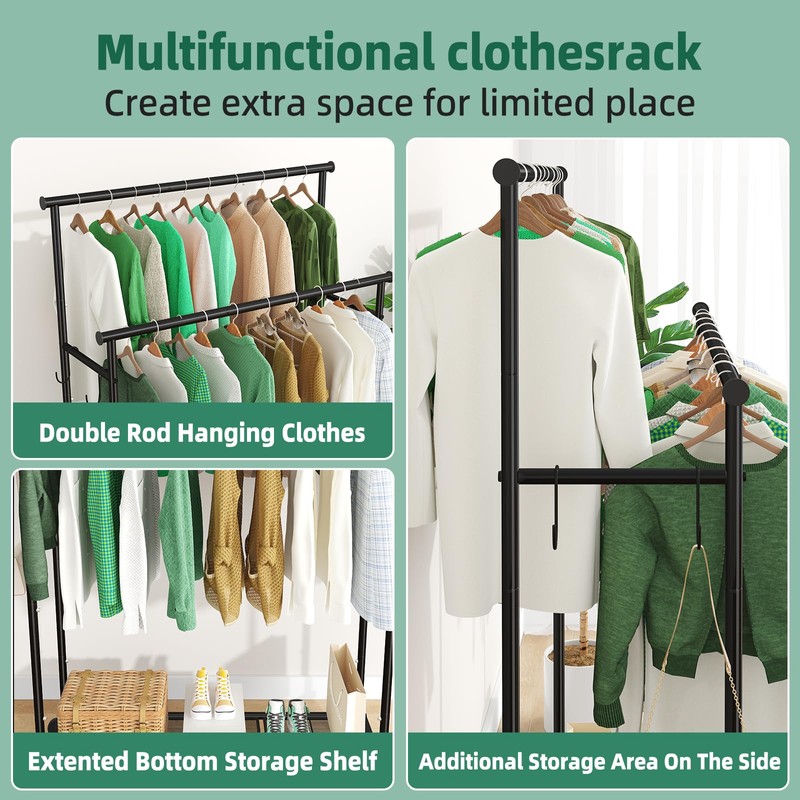 Ekisemio Double Rod Clothes Rack with Wheels Load 400 LBS,