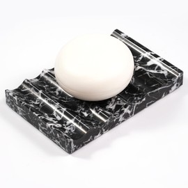 LWALMS Black Marble Soap Dish - Rectangle Decorative Stone Soap Bar Tray for Bathroom Sink Shower, Self Draining Marble Sponge Holder for Kitchen Countertop