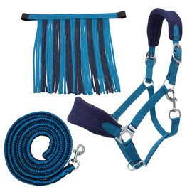 PFIFF Sunny 103103 Headcollar Set, 3-Piece Set with Headcollar, Knit and Fly Fringe, Individually Adjustable, Blue/Light Blue, Pony