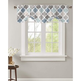 Valances Curtains for Living Room Retro Blue Moroccan Geometric Pattern Semi Sheer Valance for Windows Rod Pocket Window Treatment Decor Curtains Tie-up Light Filtering Kitchen Valance 60"x18"
