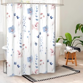 QiyI Watercolor Floral Shower Curtain, Flowers Print Minimalist Bathroom Curtain, Machine Washable Spring Modern Shower Curtains, Waterproof Fabric Shower Curtain Set with Hooks, 72 x 84, Blue