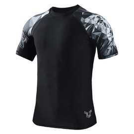 HUGE SPORTS Men's Short-Sleeved Splice Skins Rash Guard Shirt Swimming Shirt Rash Vest for Swimming Surfing, Lion