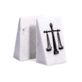 Bey-Berk White Marble Legal Bookends with Antique Silver Plated Scales of Justice Emblem