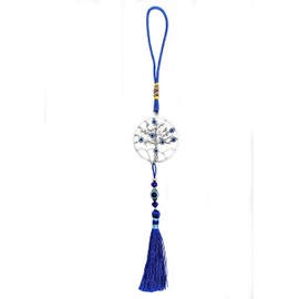 Luckboostium Evil Eye Tree Charm Pendant For Good Luck And Protection, Comes With Traditional Blue And White Colors With Matching Tassels And Durable Cord For Hanging In Cars Or On Walls And Bags