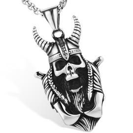LuxGoth Stainless Steel Goat Horn Devil Skull Pendant Necklace Gothic Punk Rock Emo Biker Cosplay Vintage Viking Helmet Horn Skull Charm Necklace Jewelry for Men Women Silver GTS-N1D61101
