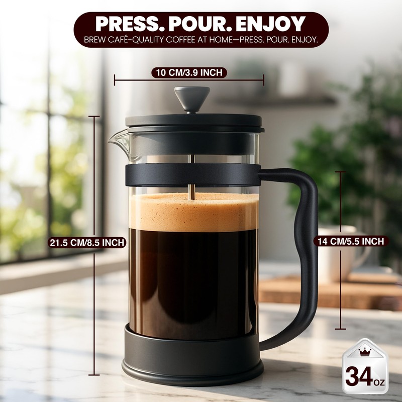 Utopia Kitchen Borosilicate Glass French Press Coffee Maker 34 oz,