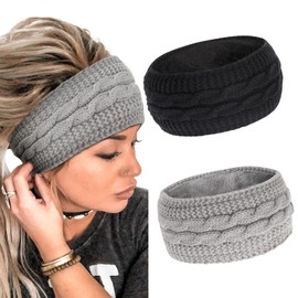 Pack of 2 Winter Headbands, Women's Knitted Thick Hairband (Black & Grey)