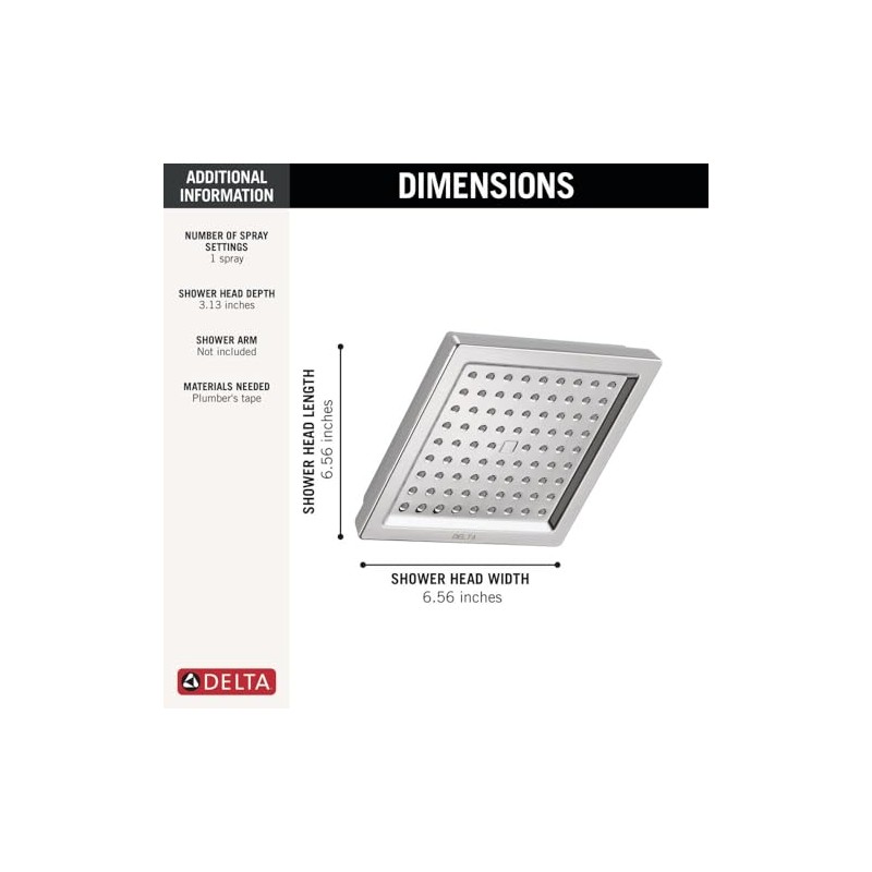Delta Chrome Rain Shower Head, 6.5 Inch Square Shower Head