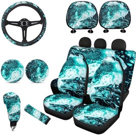 Horeset Marble Print Ocean Wave Car Seat Covers,Premium Breathable 11Pcs with Steering Wheel,Bottle Holder Pad,Gear Shift Knob and Handbrake Cover