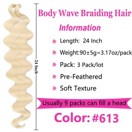 COOKOO 3 Packs Body Wave Braiding Hair 24 Inch Pre-Feathered Bouncy Braids Hair French Curl Wavy Crochet Braids Ocean Deap Twist Synthetic Hair Extensions for Boho Box Braids(613#)