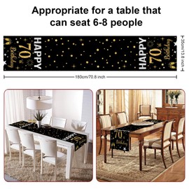 70th Table Decoration Birthday Black Gold Decoration 70th Birthday Women Happy Birthday Table Runner Tablecloth for 70th Party Birthday Decoration 180 x 35 cm