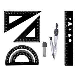 Valtiner 6 Pcs Metal Geometry Set, Math Geometry Kit, Metal Ruler Set and Compass Geometry Tool, Rulers Protractor and Compass Set for Student School and Drawings Supplies (Black)