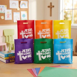 Wesnoy 48 Pcs End of The Year Gifts Bags for Students Jesus Loves Me Religious Christian Goodie Treat Bags with Handles Bulk Non Woven for First Communion Church Baptism Party Favors