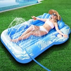 Inflatable Tanning Pool Lounger Float with Sprinkler, 72" x 47" Large Pool Floats Adults with Backrest & Drink Holder Blow Up Tanning Bed Lounger Pool Raft Floatie for Adults Water Party, Pink/Blue