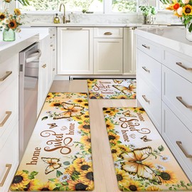 Likiyol Sunflower Kitchen Rugs Floral Kitchen Mats for Floor Butterfly Farmhouse Anti Fatigue Mats for Kitchen Floor, Non Slip Washable Kitchen Mat for Home, Sink, 18''x30''+18''x48''+18''x60''