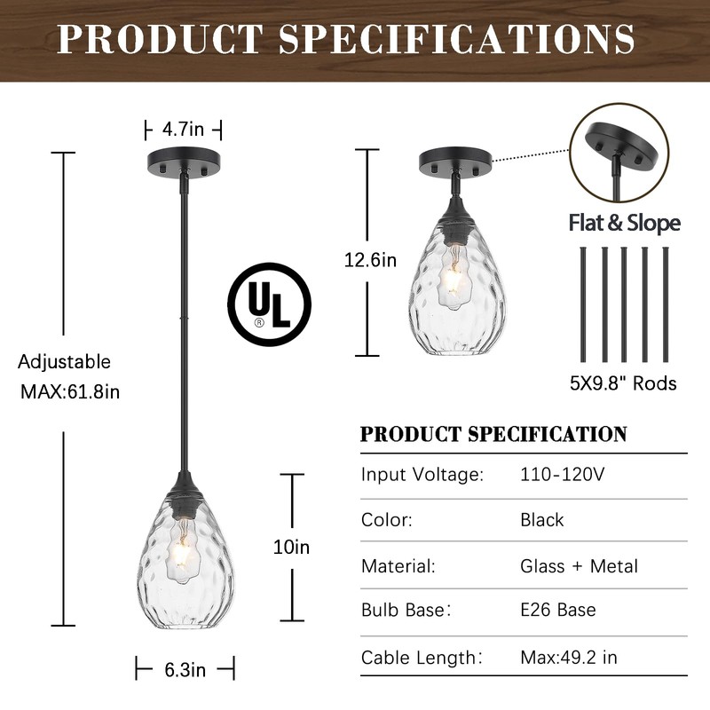 SADUENFR Glass Pendant Lights Kitchen Island, 1-Light Modern Black Pendant