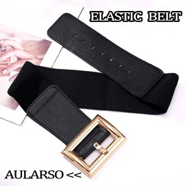 Aularso Women’s Wide Elastic Waist Belt for Dresses Gold Buckle Ladies Belt Black Leather Stretch Belt Fashion Waistband (Square-Buckle, Black, S)