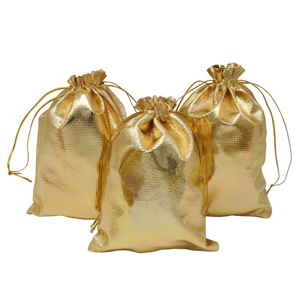 HRX Package Gold Gift Bags Drawstring 100pcs, 5 x 7 inches Jewelry Pouches Party Favor Goody Bags for Wedding Birthday Christmas Candy Bar