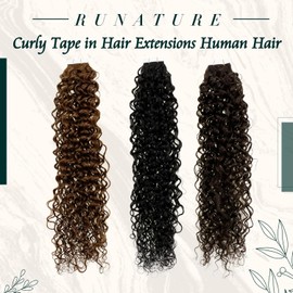 RUNATURE Curly Tape in Hair Extensions Human Hair Dark Brown Tape In Hair Extensions Curly Brown Tape Hair 18 Inch 50 Gram
