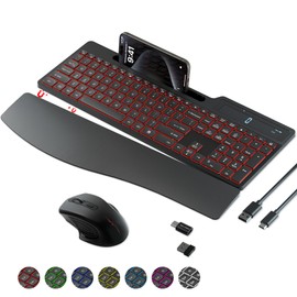 Wireless Keyboard Mouse Combo, Full Size Ergonomic Keyboard with Backlit, Wrist Rest, Calculator, Phone Holder, 2.4Ghz Silent Cordless Rechargeable Keyboard & Mouse for Laptop, PC, Windows, Mac OS