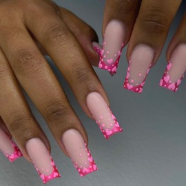 Valentine's Day Press on nails Pink French Tip Fake Nails Long Square False Nails with Designs Heart Glue on Nails Full Cover Acrylic Matte Stick on Nails for Women Romantic Nail Decoration 24Pcs