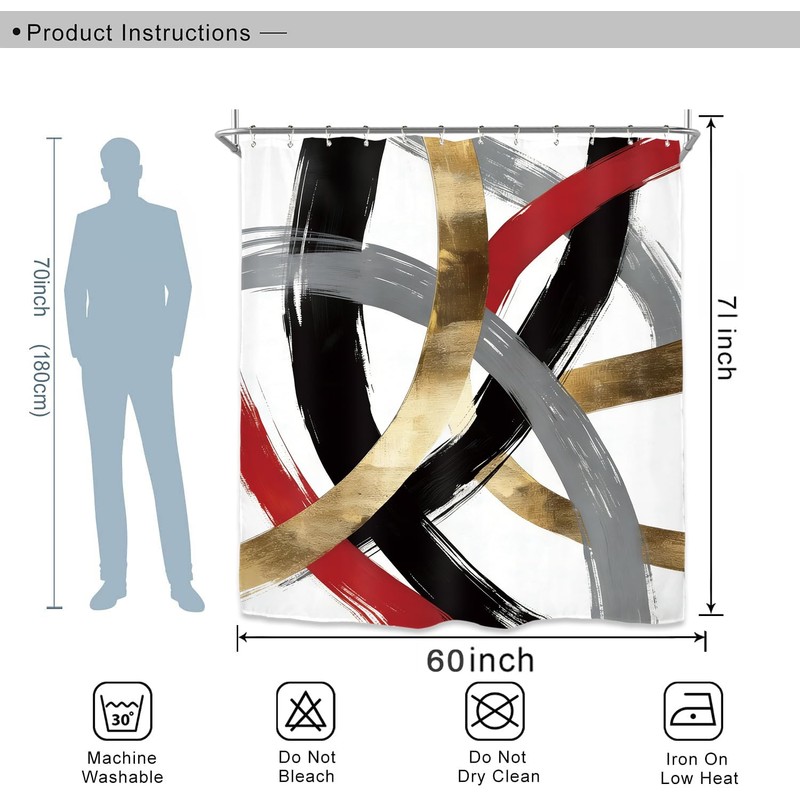Miyotaa Black Red Gray Abstract Shower Curtain Set 60Wx71H Inches