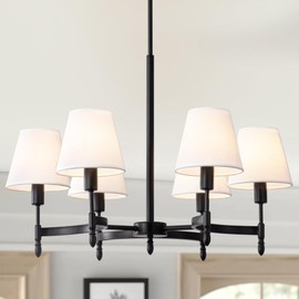 QMNHAU 27'' Black Chandelier for Dining Room, 6-Light Modern Farmhouse Pendant Light with White Fabric, Large Height Adjustable Lighting Fixture for Kitchen Living Room Bedroom Entryway Foyer