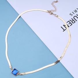 Inateannal Blue Gemstone Chain Square Necklace Gold Blue Topaz Chain Necklace Herringbone Gemstone Necklace Flat Snake Chain Collar Necklace Jewellery for Women and Girls