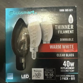EcoSmart NEW EcoSmart 40W LED Bulb B11 Dimmable E12 Thinner Filament Warm White 2200K 3pk