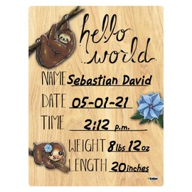 Cohas Hello World Newborn Baby Announcement Printed Wood Sign with Blue Sloth Theme, 12 by 16 Inches, No Marker
