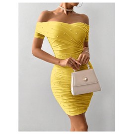 Floerns Women's Pearl Beaded Off Shoulder Short Dress Short Sleeve Bodycon Party Dresses Yellow Medium