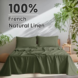 SONORO KATE 100% French Pure Linen Sheets, Breathable and Durable Linen Queen Size Sheets, Anti-Tear Linen Bed Sheets, Machine Washable, 16 Inch Deep Pocket - 4 Piece (Olive Green, Queen)