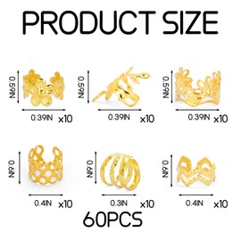 60PCS Gold Hair Jewelry Metal Braids Clips - Adjustable Non-Piercing Dreadlock Accessories for Women & Men, Rhinestone Crystal Hair Cuffs for Various Hairstyles