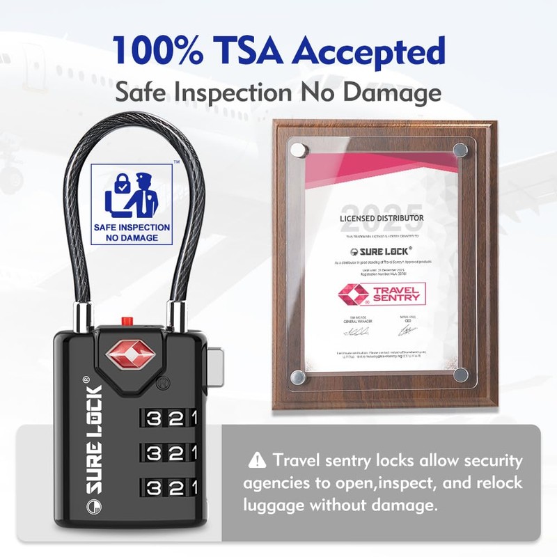 SURE LOCK TSA Compatible Travel Luggage Locks, Inspection Indicator, Easy
