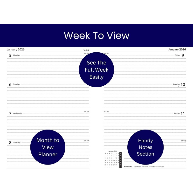 2026 A4 Diary Week To View - Navy Blue Faux