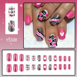 FIEONCIY Press on Nails Medium Square Valentine Glossy Full Cover Acrylic Medium Square False Nails with Heart Designs Artificial Square Fake Nails Glue ons Fingernails for Women Girls(YS508)