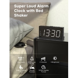 ROCAM Alarm Clock for Bedroom for Heavy Sleepers, Hard of Hearing, Deaf, Dual Alarm Clock with Bed Shaker, Extra Loud Vibrating Clock 7.5 Large LED Display with 5 Dimmer, USB Charger (White)