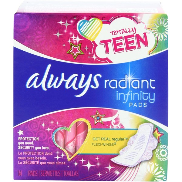 Always Radiant FlexFoam Teen Pads Regular Absorbency, 100% Leak Free Protection is possible, with Wings, Unscented, 14 Count