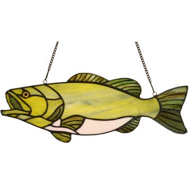 Bieye W10067 Largemouth Bass Fish Tiffany Style Stained Glass Suncatcher Window Panel with Chain, 16" W x 6" H
