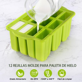 Moldes para Paletas de Hielo 12 Cavidade Moldes de Paletas de Hielo Silicona Moldes Paletas de Hielo Juego de Molde para Paletas con Embudo, sin BPA, Reutilizables para Helado Cepillos, Palos(Verde)