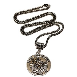 Men's Large, Antique Silver, Double-Sided 3cm 'SAINT CHRISTOPHER PROTECT US' Pendant Medal Necklace on a 60cm Stainless Steel Box Chain in a Velvet Gift Bag.