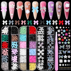 3 Boxes Flower Nail Charms, Mixed Bow Tie Flowers Charms for Nails White Floral Transparent Butterfly Nail Art Charms, Tiny Flowers Bowknots Charms for Acrylic Nail DIY Accessories