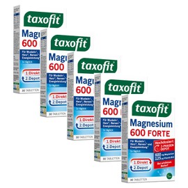 taxofit Magnesium 600 Forte | 5 x 30 Tablets High Dose Magnesium 600 mg + Vitamin B1 + B6 + B12 | Magnesium Oxide & Magnesium Carbonate | for Muscles ¹, Heart² & Energy 4 | Magnesium Supply for 30