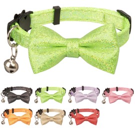 Gyapet Cat Collar with Bow Tie Sparkly Cats Kitten Bell Party Bling Wedding Festive 7-11in Girl Boy Fresh Green