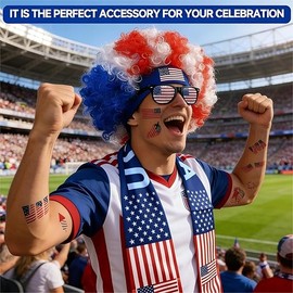 USA Soccer Fan Scarf Set 4-Pack - Patriotic Afro Wig, Sunglasses & Temporary Tattoos, Watch Party Costume Accessories Kit