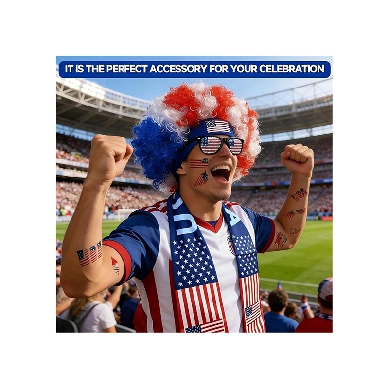 USA Soccer Fan Scarf Set 4-Pack - Patriotic Afro Wig,