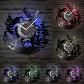 Timethink Cabin Deer Wall Clock with 7 Colors Changing, 12 Inch Deer Hunting Clock Silent Battery Operated Forest Wildlife Mountain Lodge Elk Rustic Farmhouse Wall Watch Clock for Man Cave